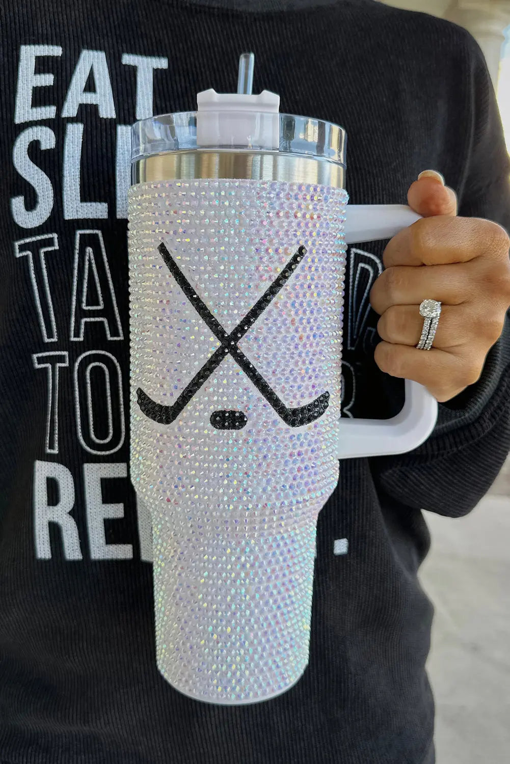 Silvery Hockey Game Day Rhinestone 40 Oz Tumbler with Handle Dear-Lover Dropshipping