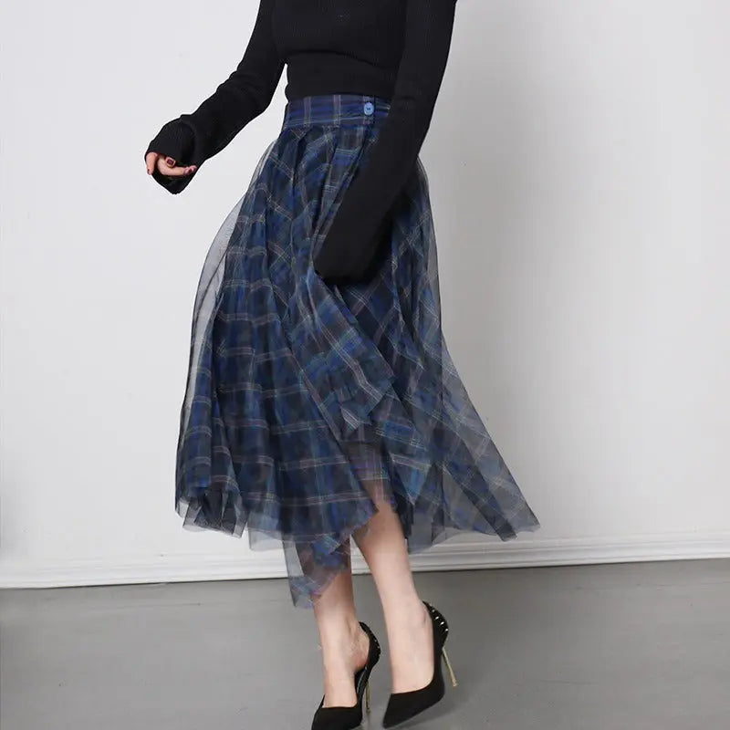 Blue plaid mesh skirt, multi-layer versatile A-line skirt for women Markonline