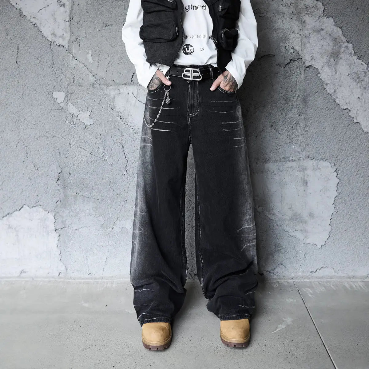 Vintage Washed Lightning Pattern Straight Leg Jeans Men High Quality Gradient Trendy Brand Wide Leg Pants Markonline