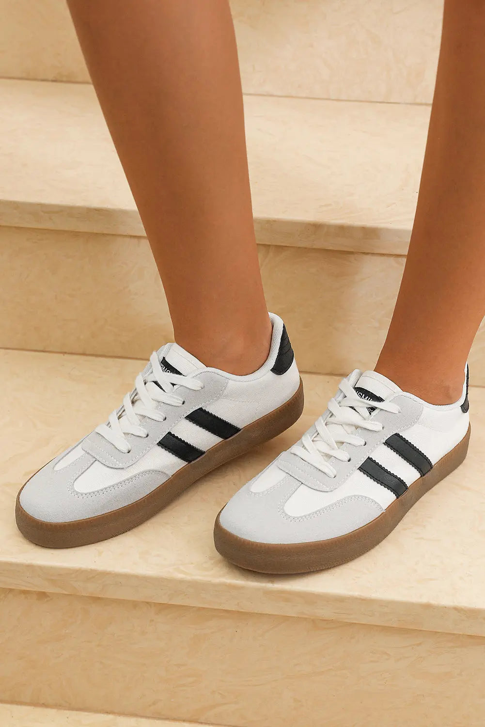 White Striped Lace-up Flat Sneakers Markonline