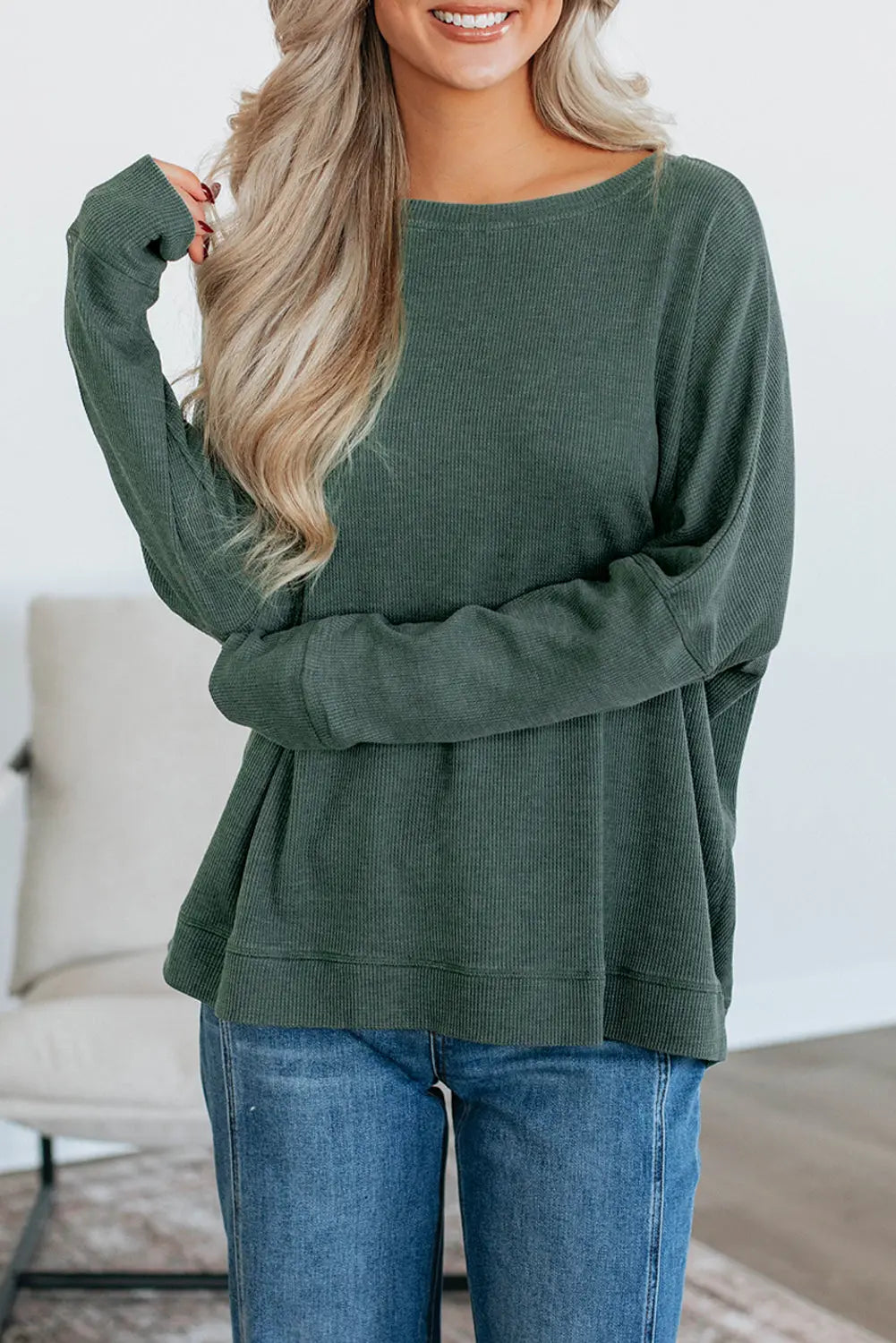 Mist Green Waffle Knit Patchwork Long Sleeve Loose Top Markonline