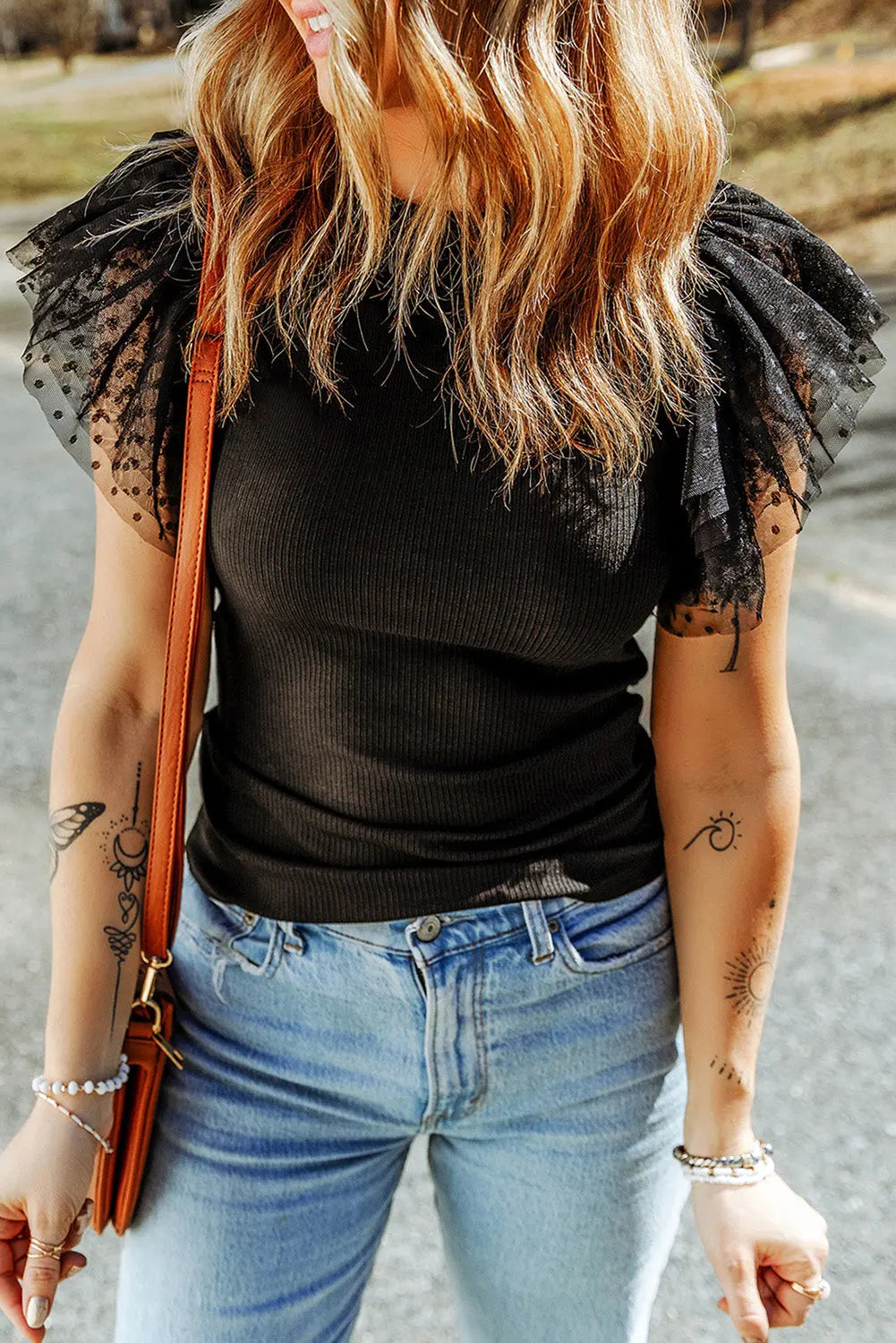 Black Dotty Mesh Ruffle Sleeve Ribbed Knit Top Markonline