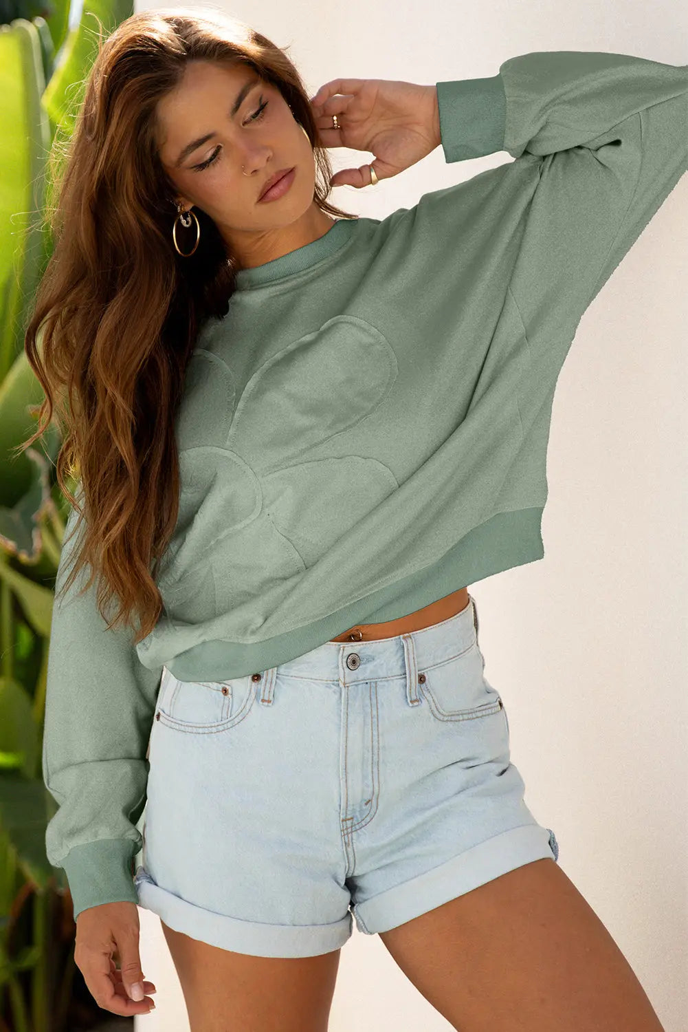 Smoke Green Raw Edge Flower Patch Drop Shoulder Casual Top Markonline