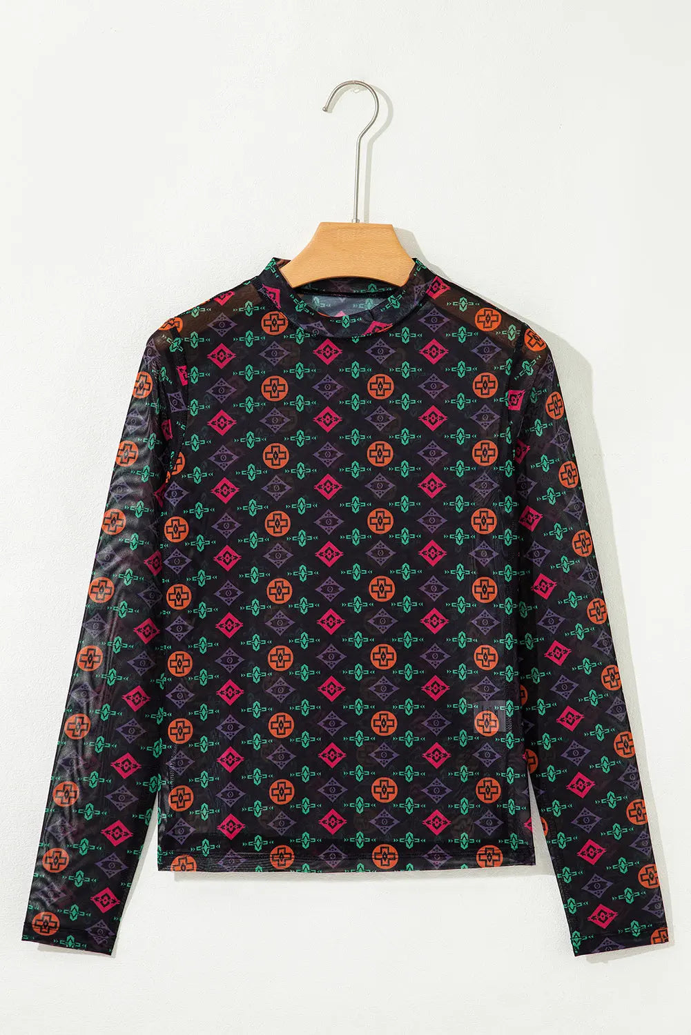 Black Western Aztec Printed Long Sleeve Mesh Top Dear-Lover Dropshipping