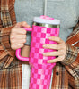 Bright Pink Checkered Print Handled Stainless Steel Tumbler Cup 40oz Dear-Lover Dropshipping