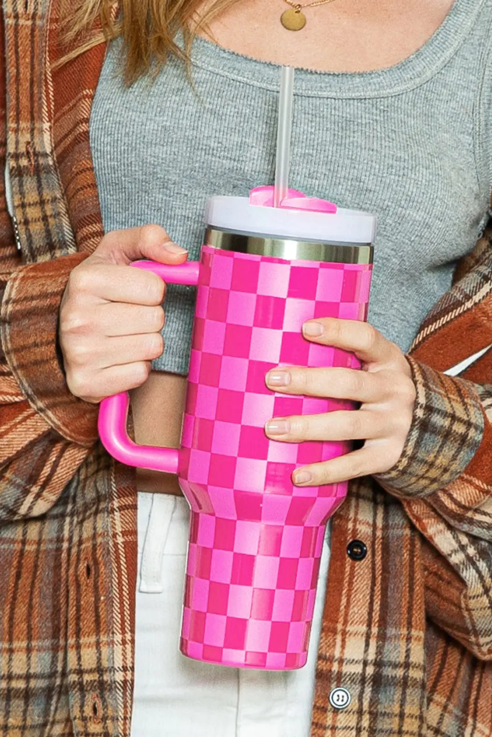 Bright Pink Checkered Print Handled Stainless Steel Tumbler Cup 40oz Dear-Lover Dropshipping