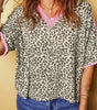 White Contrast V Neck Varsity Short Sleeve Leopard Top Markonline