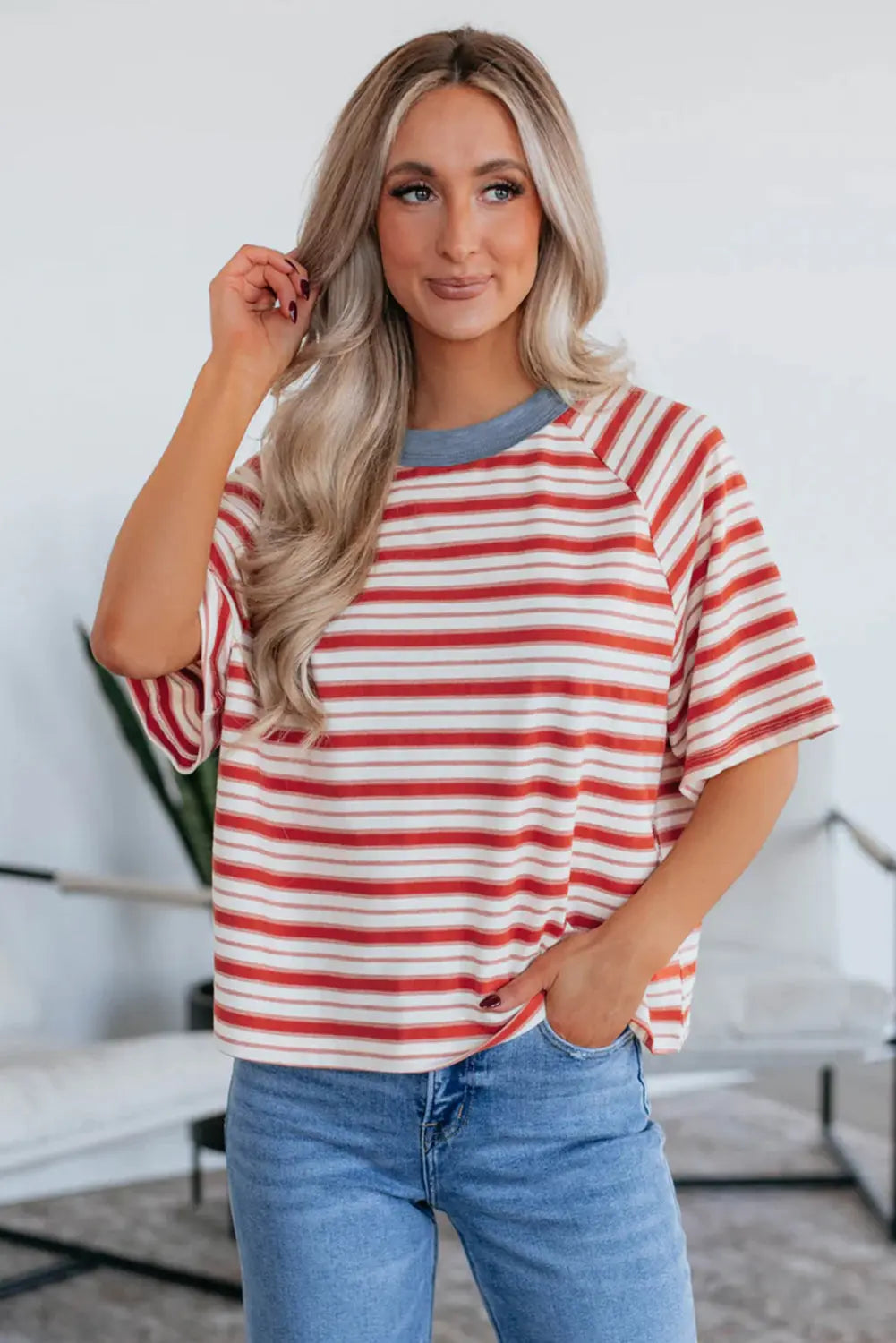 Tomato Red Stripe Print Contrast Collar Raglan Sleeve T Shirt Markonline