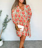 Red Floral Print Ricrac Trim V Neck 3/4 Sleeve Loose Mini Dress Markonline
