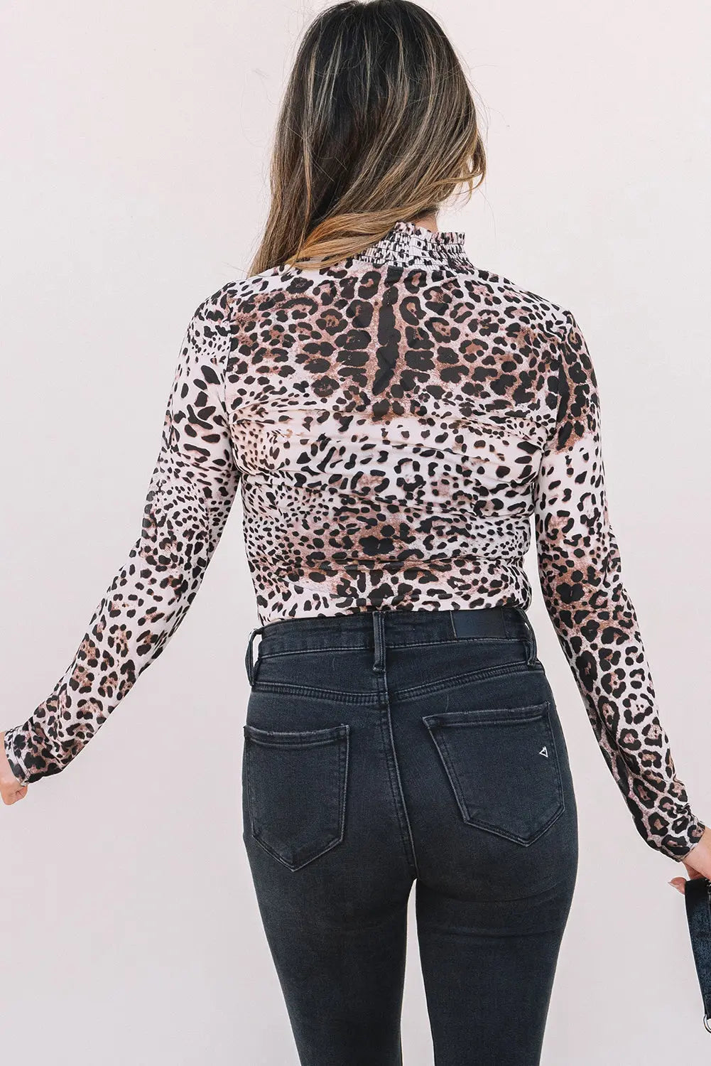 Brown Leopard Smocked Neck Mesh Long Sleeve Bodysuit Dear-Lover Dropshipping