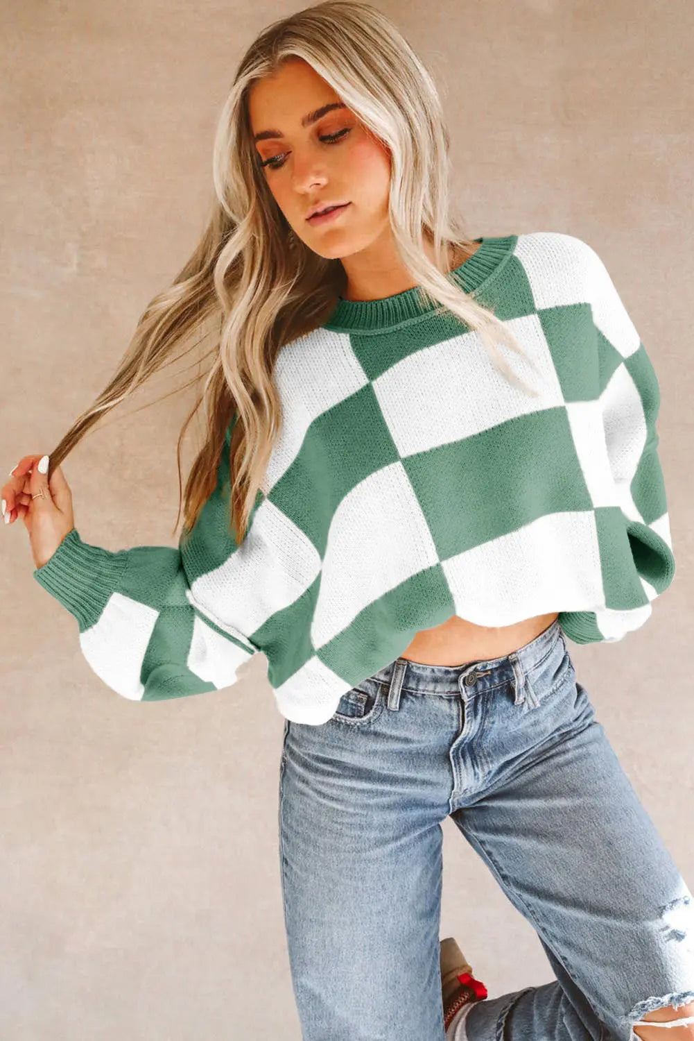 Green Checkered Bishop Sleeve Sweater Dear-Lover Dropshipping