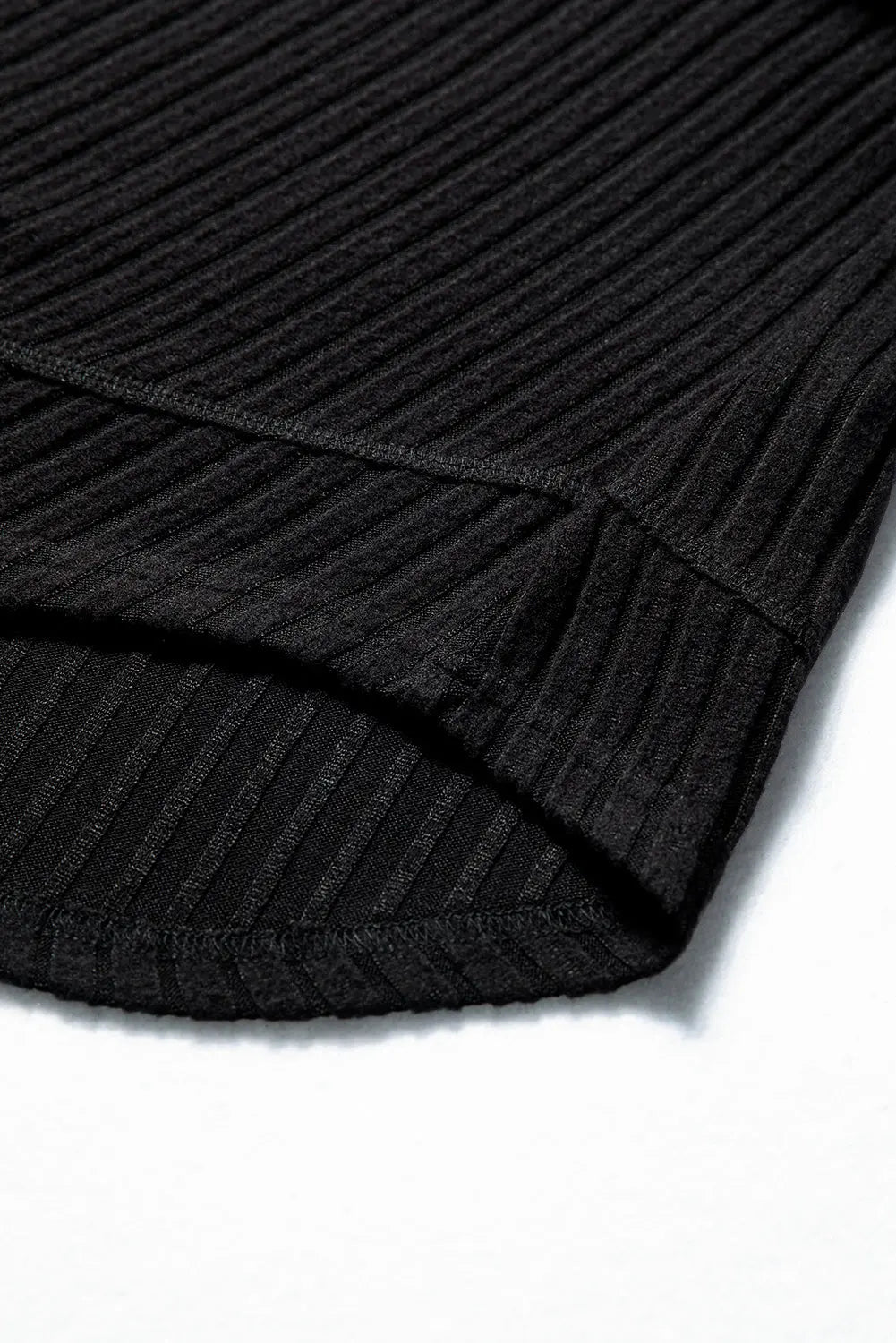 Black Ribbed Texture Round Neck Long Sleeve Rounded Hem Knit Top Markonline