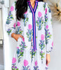 White Floral Print Contrast Striped Trim Notched Neck Long Sleeve Dress Markonline