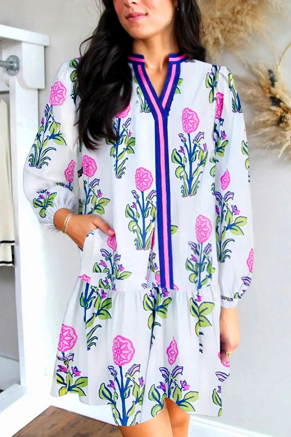 White Floral Print Contrast Striped Trim Notched Neck Long Sleeve Dress Markonline
