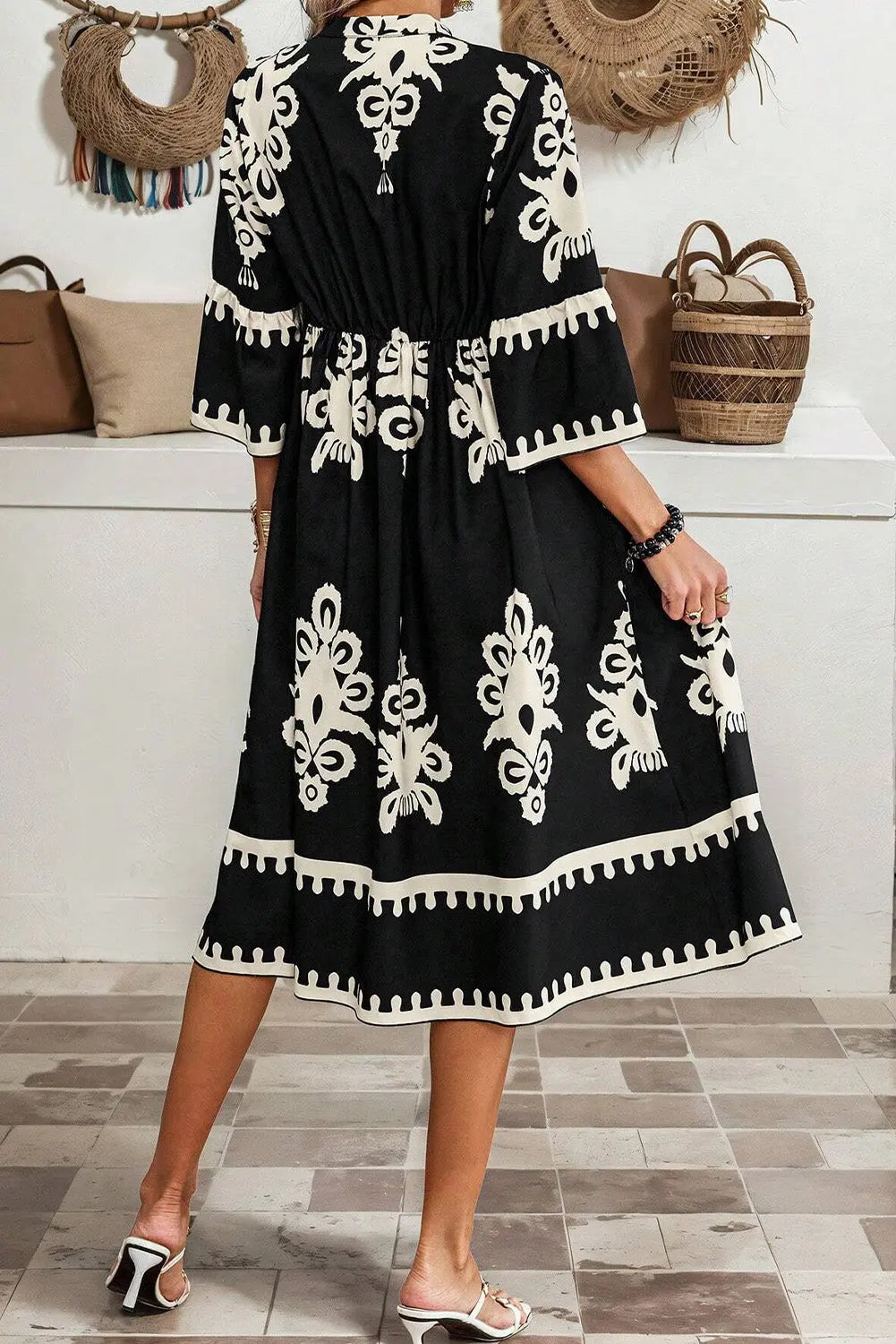 Black Western Geometric Print 3/4 Sleeve Loose Midi Dress Markonline