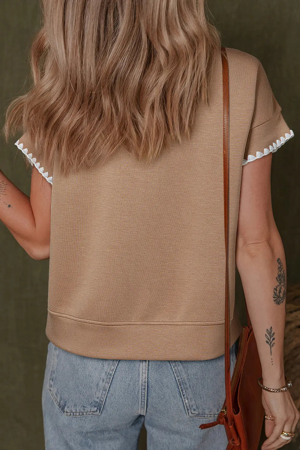 Straw Yellow Ric Rac Color Contrast Ribbed Edge Crewneck T Shirt Markonline