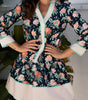 Blue Floral Print Striped Trim V Neck Long Sleeve Ruffle Hem Shift Mini Dress Markonline