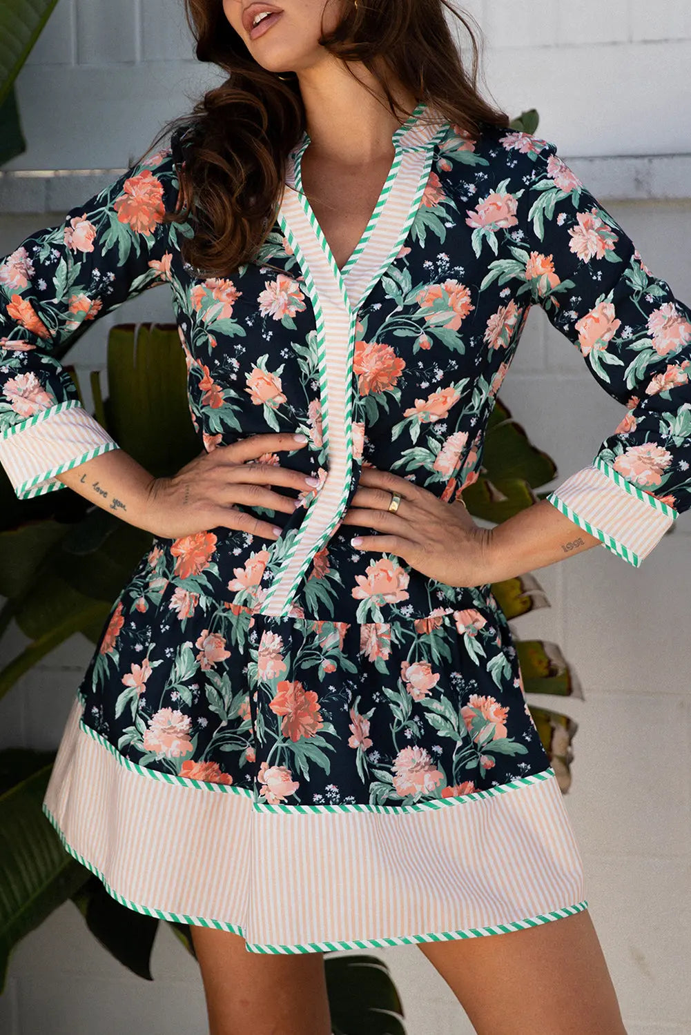 Blue Floral Print Striped Trim V Neck Long Sleeve Ruffle Hem Shift Mini Dress Markonline