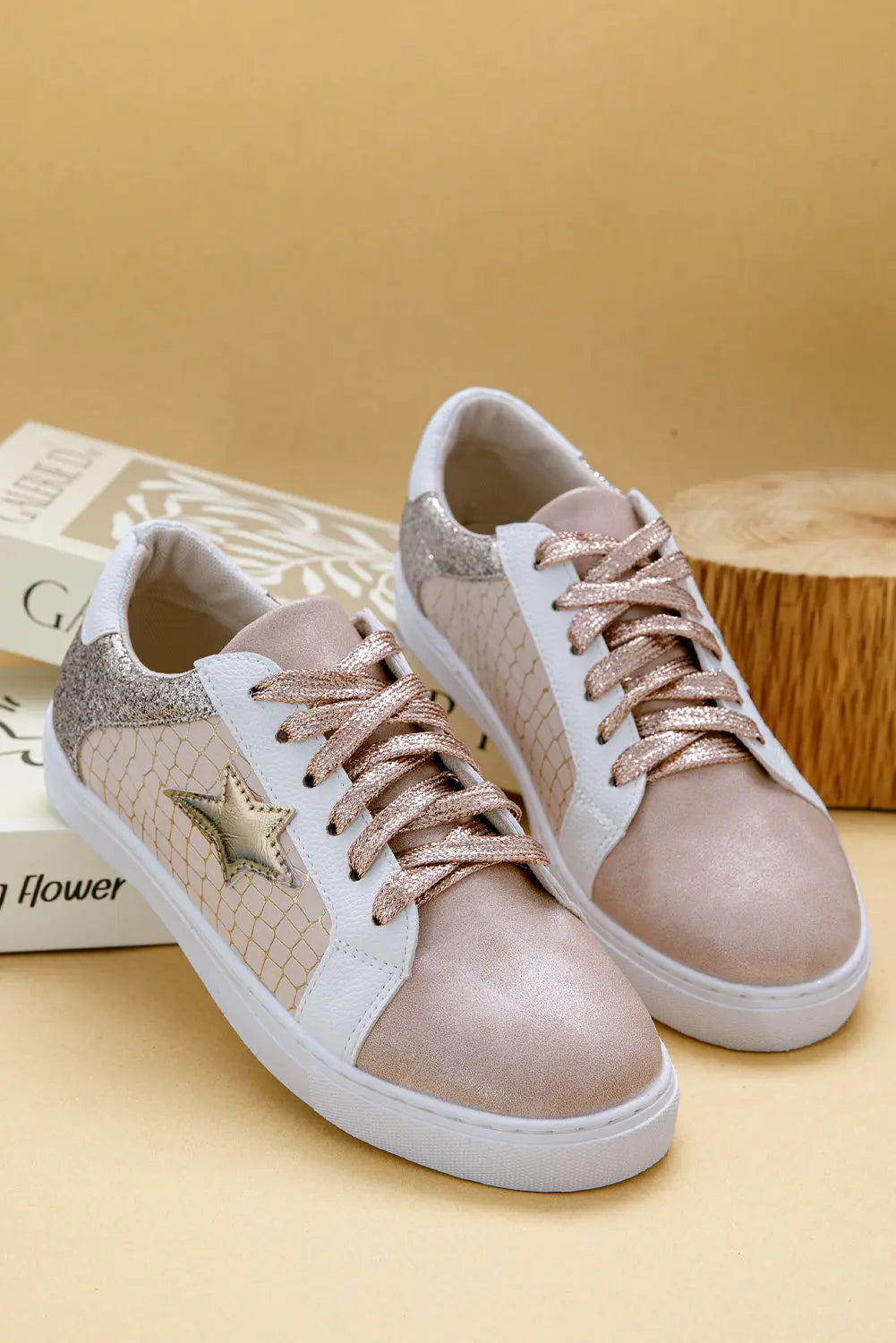 Dearlove Gold Glitter Star Patchwork PU Leather Lace-up Sneakers Markonline