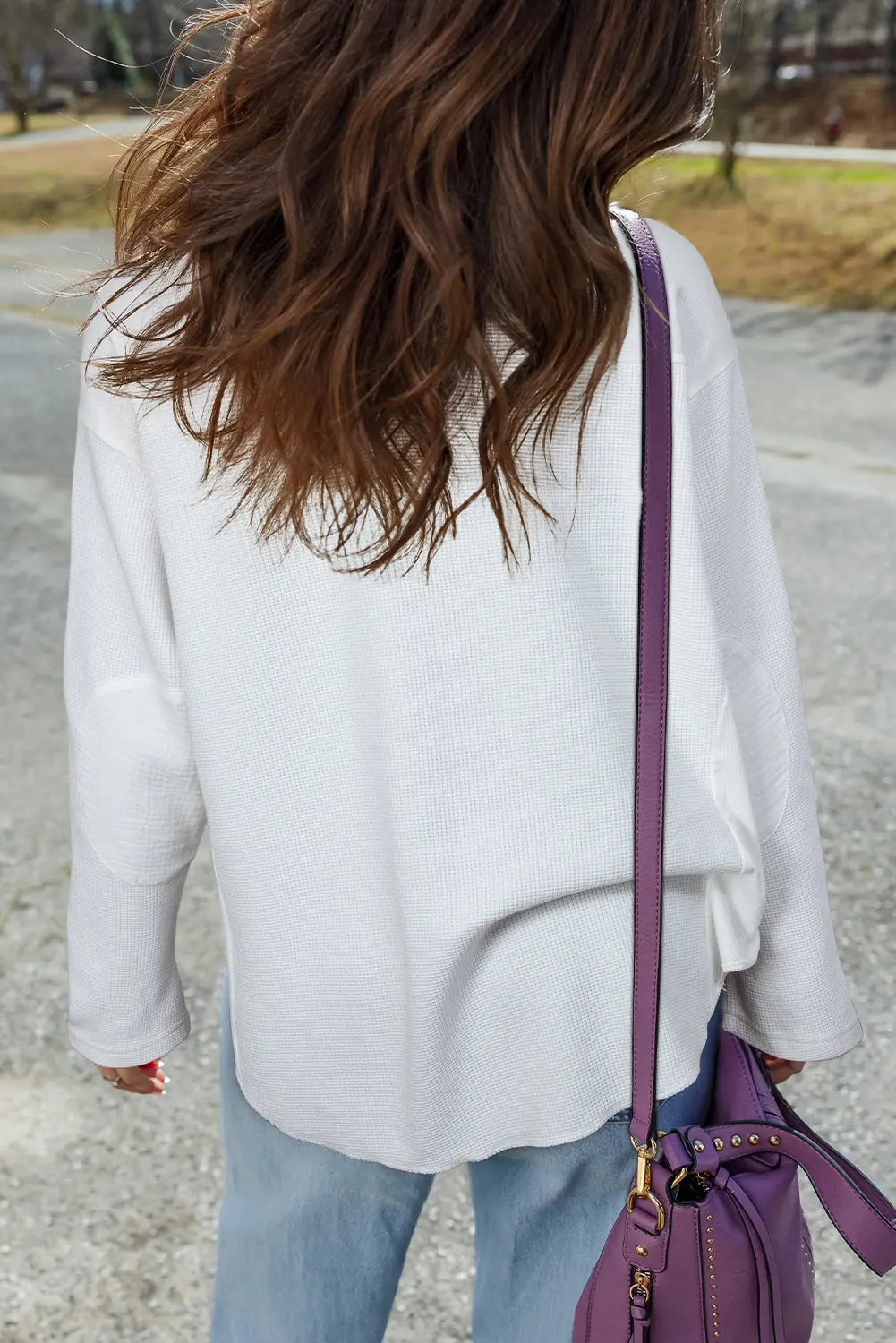 White Solid Color Waffle Ribbed Patchwork Dolman Sleeve Oversize Knit Top Markonline