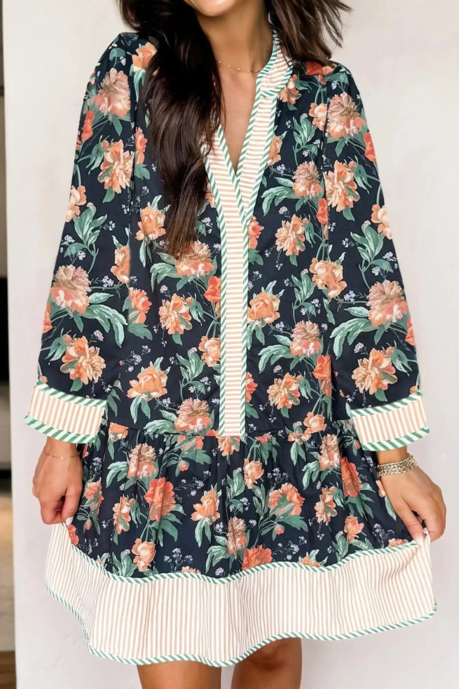 Blue Floral Print Striped Trim V Neck Long Sleeve Ruffle Hem Shift Mini Dress Markonline