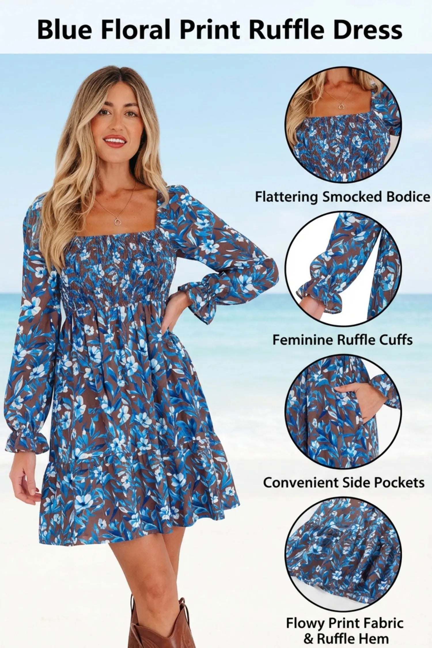 Blue Smocked Bodice High Waist Ruffled Sleeve Floral Dress Markonline