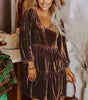 Chicory Coffee Solid Color Velvet V Neck Long Sleeve Tiered Mini Dress Dear-Lover Dropshipping