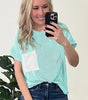 Light Blue Corded Knit Color Block Pocketed Crew Neck T Shirt Markonline