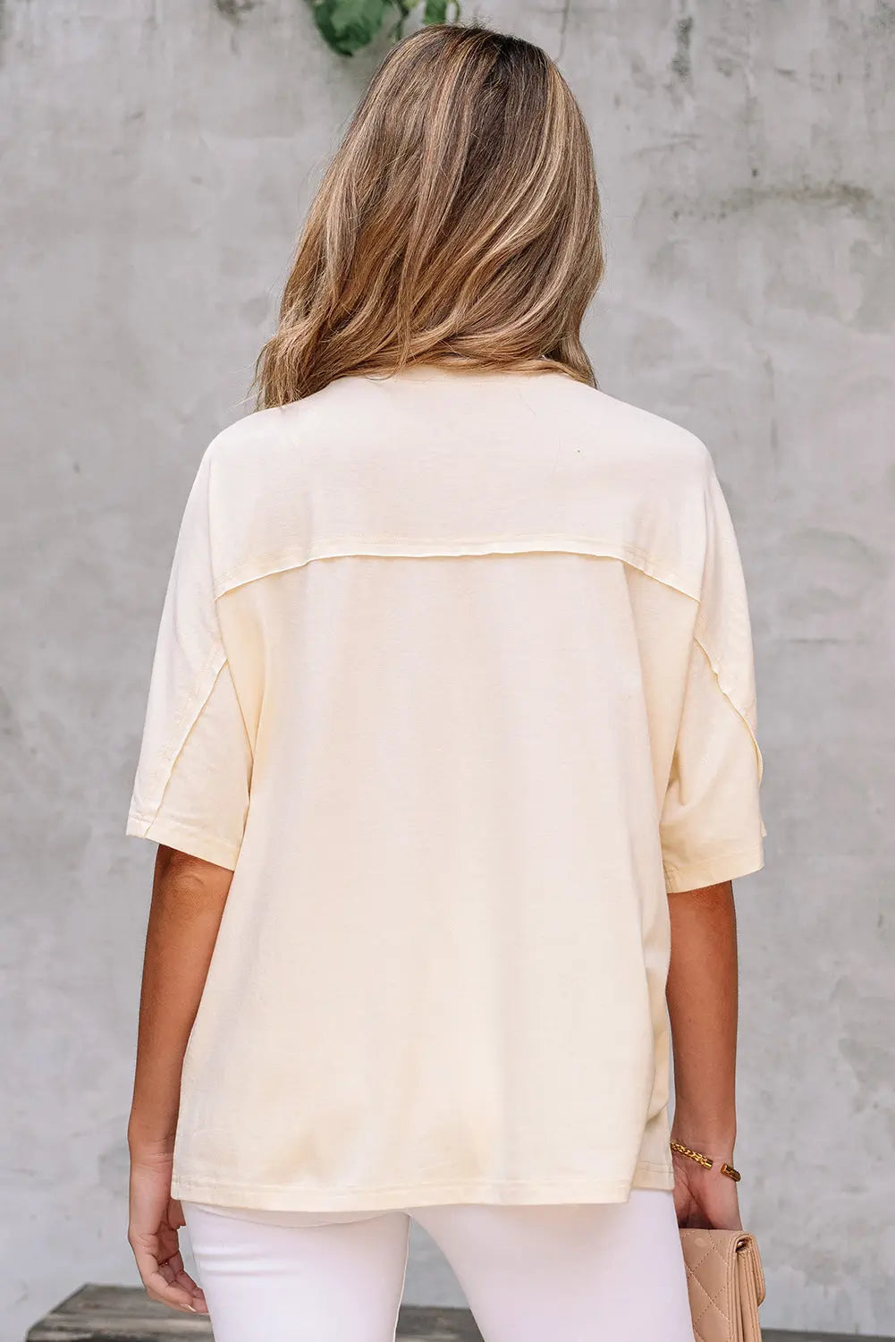 Apricot Flower Patched Exposed Stitching Trim Crew Neck Loose Tee Markonline