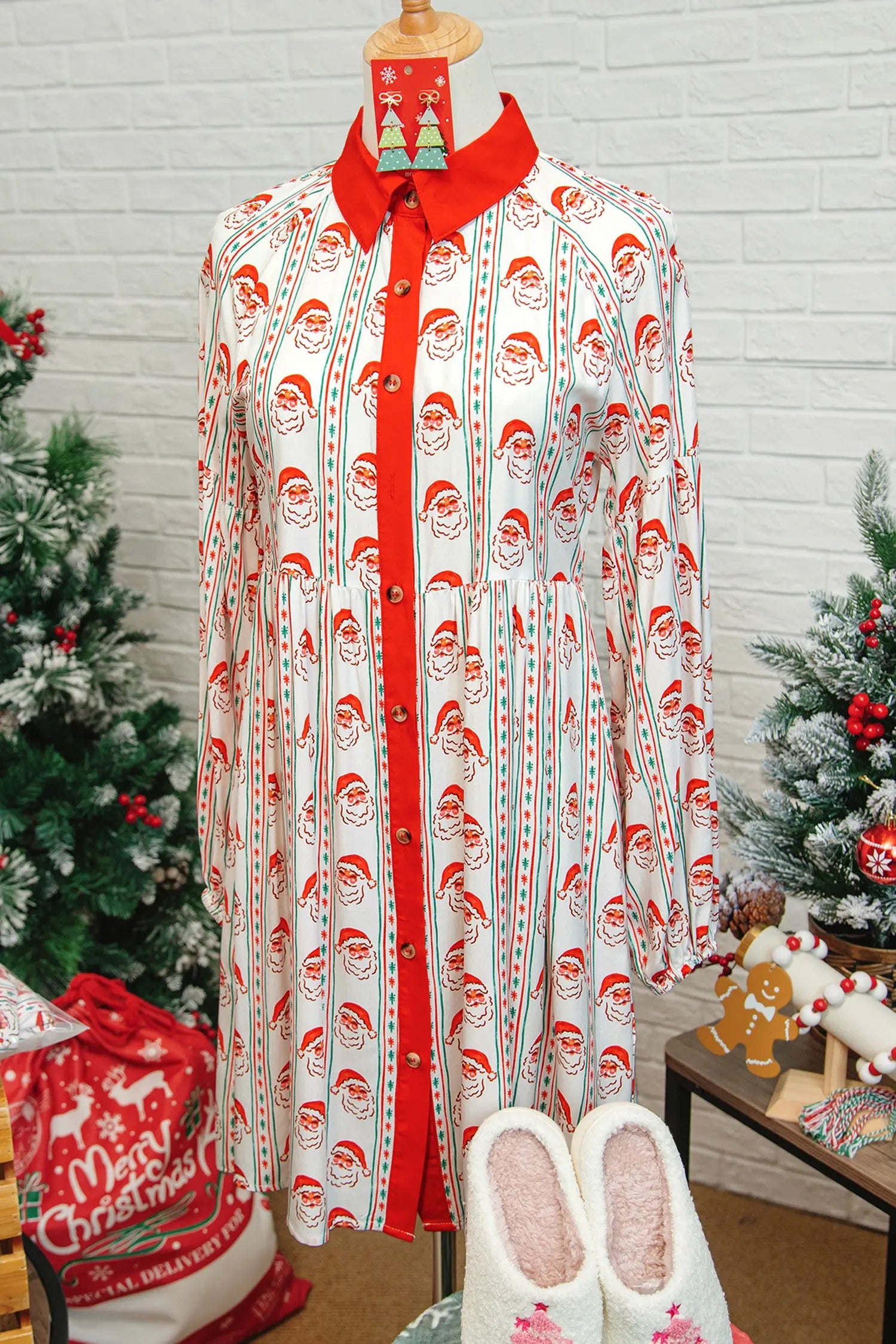 White Father Christmas Contrast Collar Button Front Long Sleeve A-line Mini Dress Markonline