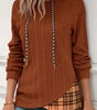 Chestnut Plaid Patchwork Ribbed Knit Drawstring Hooded Top Markonline