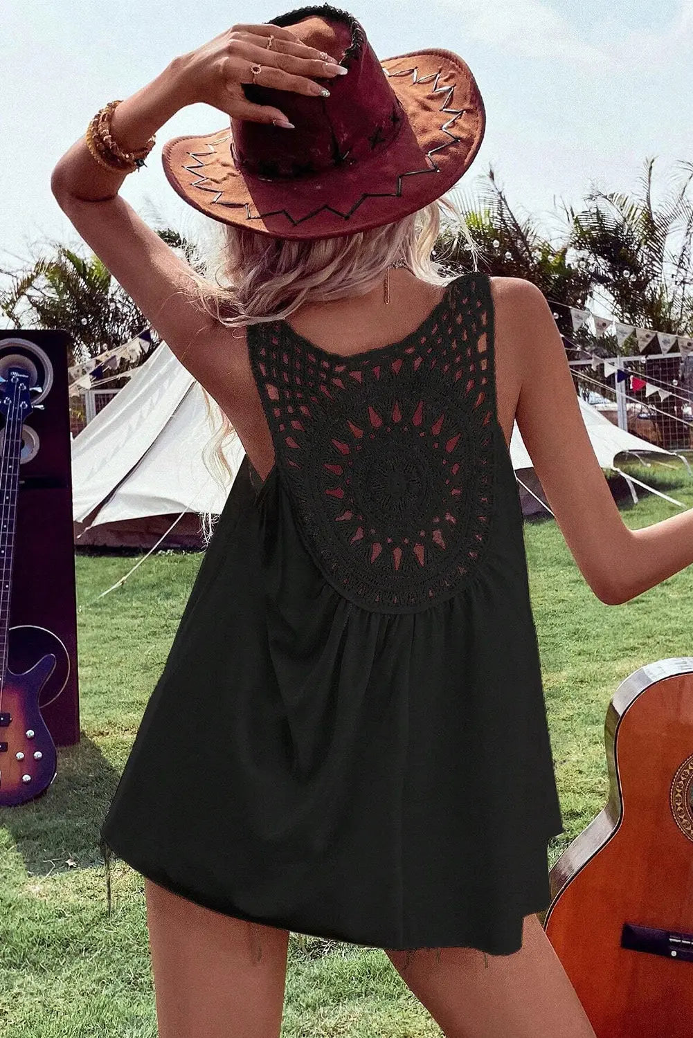 Black Bohemian Crochet Patchwork Sleeveless Tunic Markonline