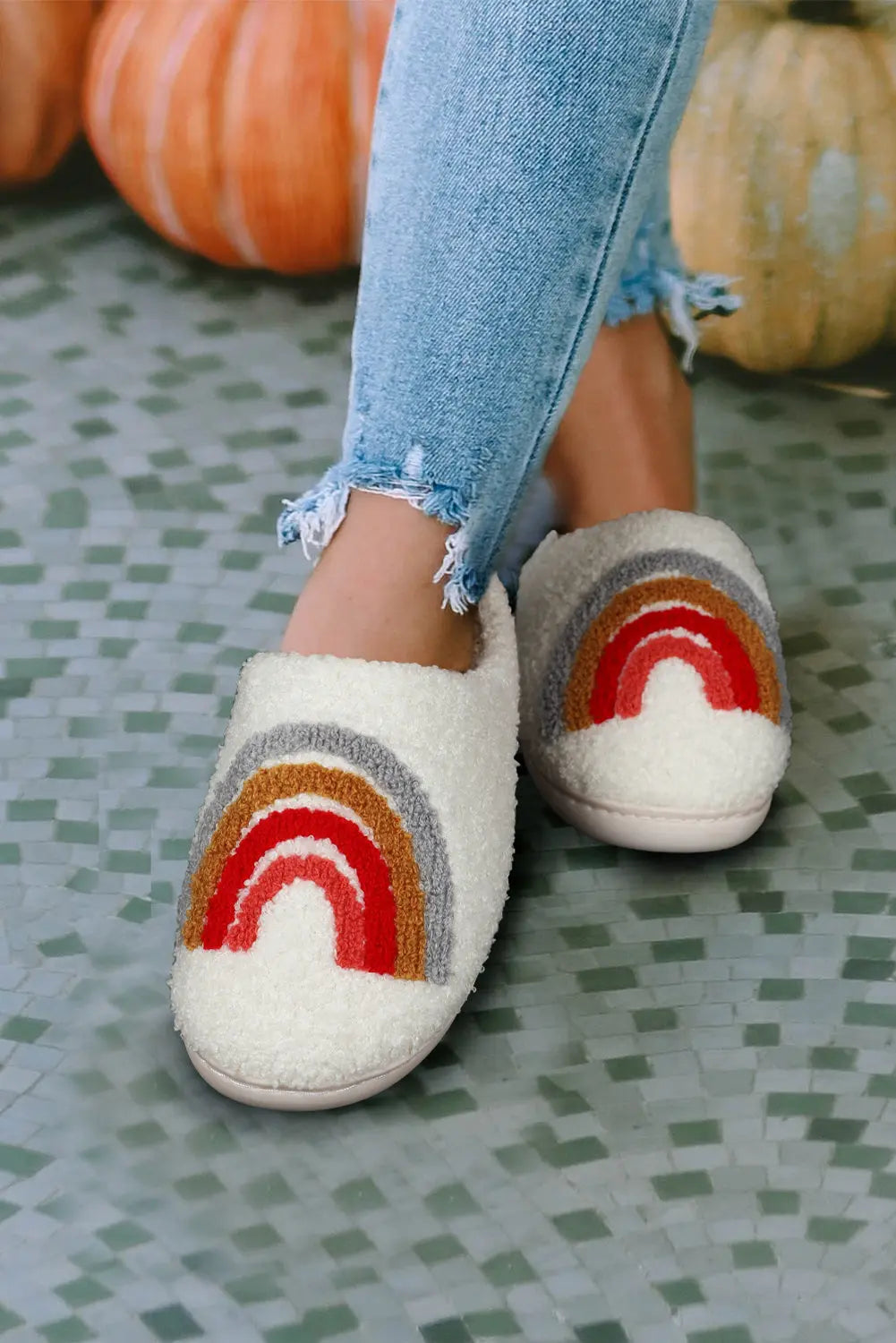Bright White Rainbow Plush Winter Home Slippers Dear-Lover Dropshipping