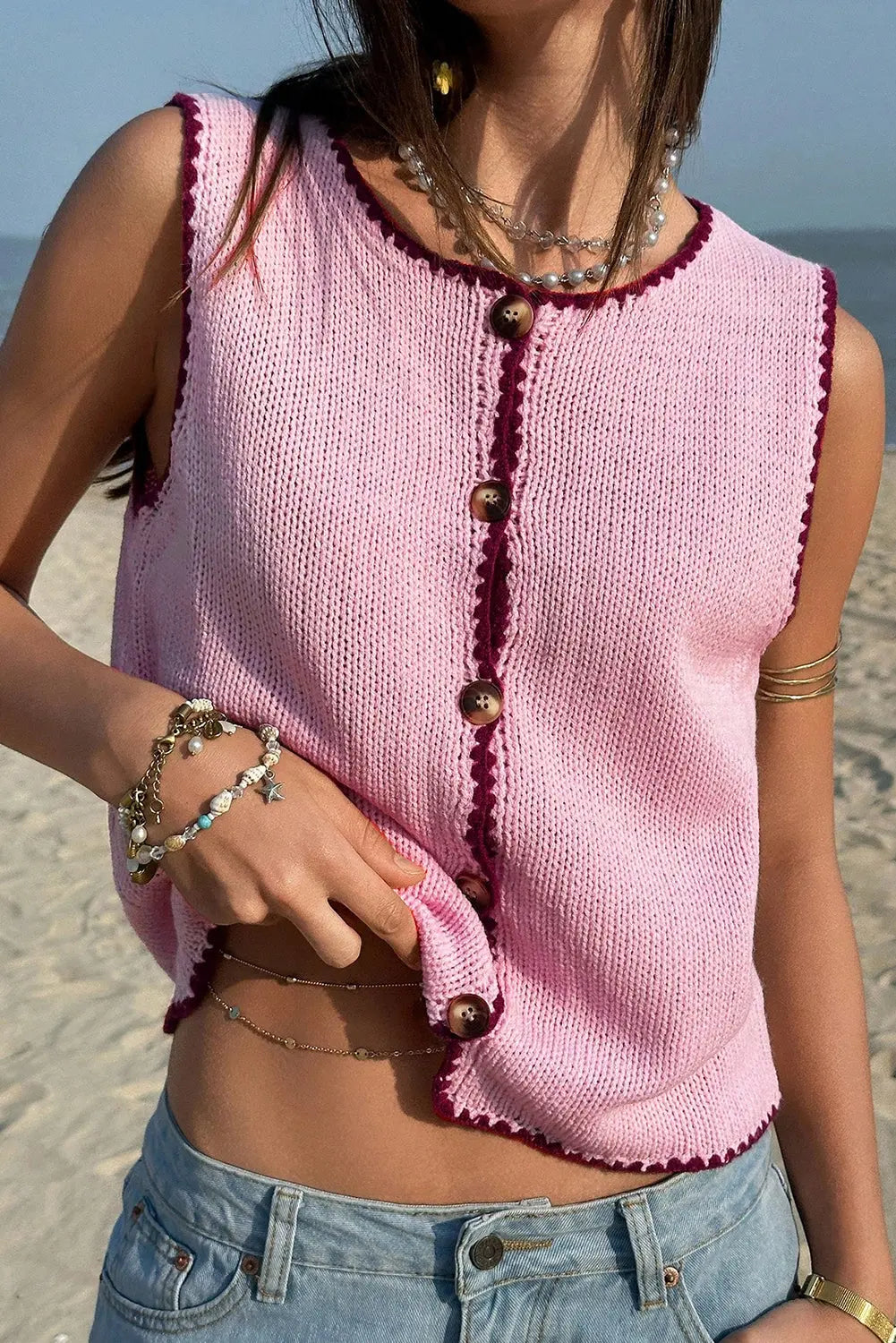 Pink Contrast Trim Buttoned Front Sweater Vest Dear-Lover Dropshipping