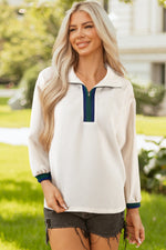 White Waffle Textured Contrast Polo Neck Zip up Jumper Dear-Lover Dropshipping