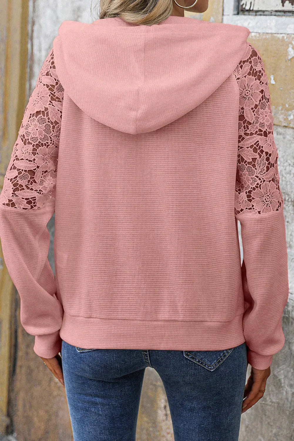 Gossamer Pink Lace Patchwork Raglan Sleeve Kangaroo Pocket Waffle Hoodie