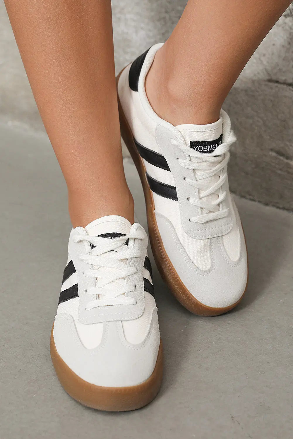 White Striped Lace-up Flat Sneakers Markonline