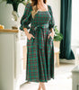 Green Tartan Plaid Square Neck Puff Sleeve Knot Waist Flared Midi Dress Markonline