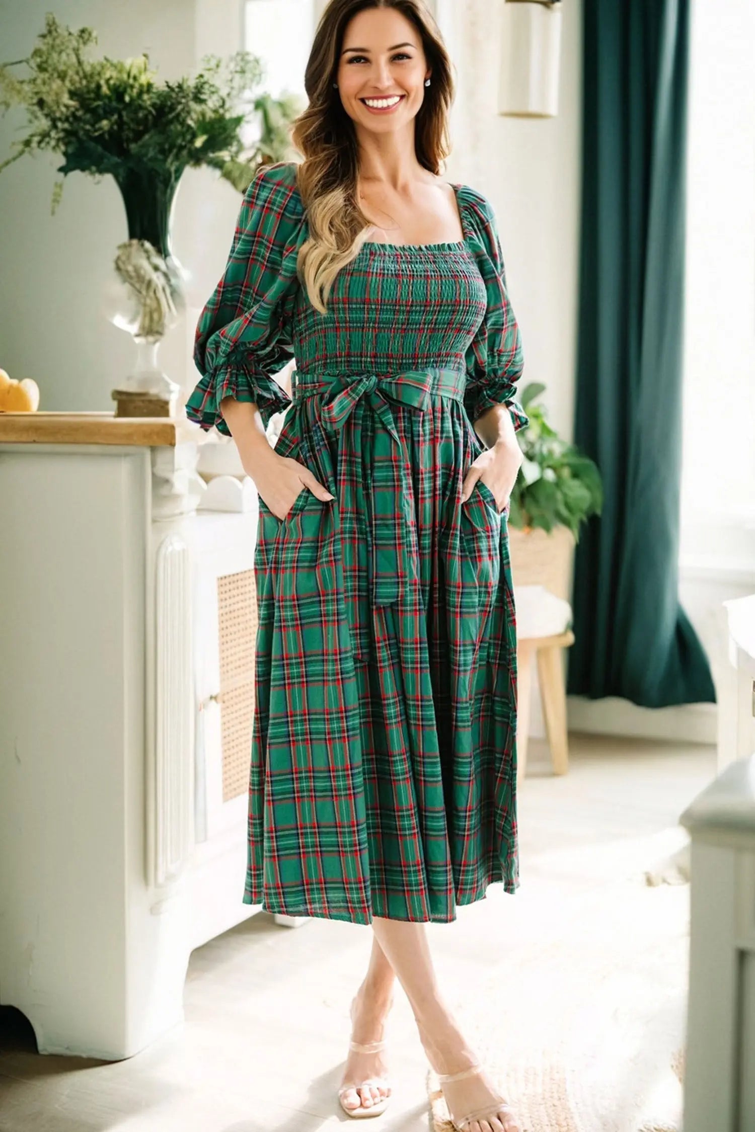 Green Tartan Plaid Square Neck Puff Sleeve Knot Waist Flared Midi Dress Markonline