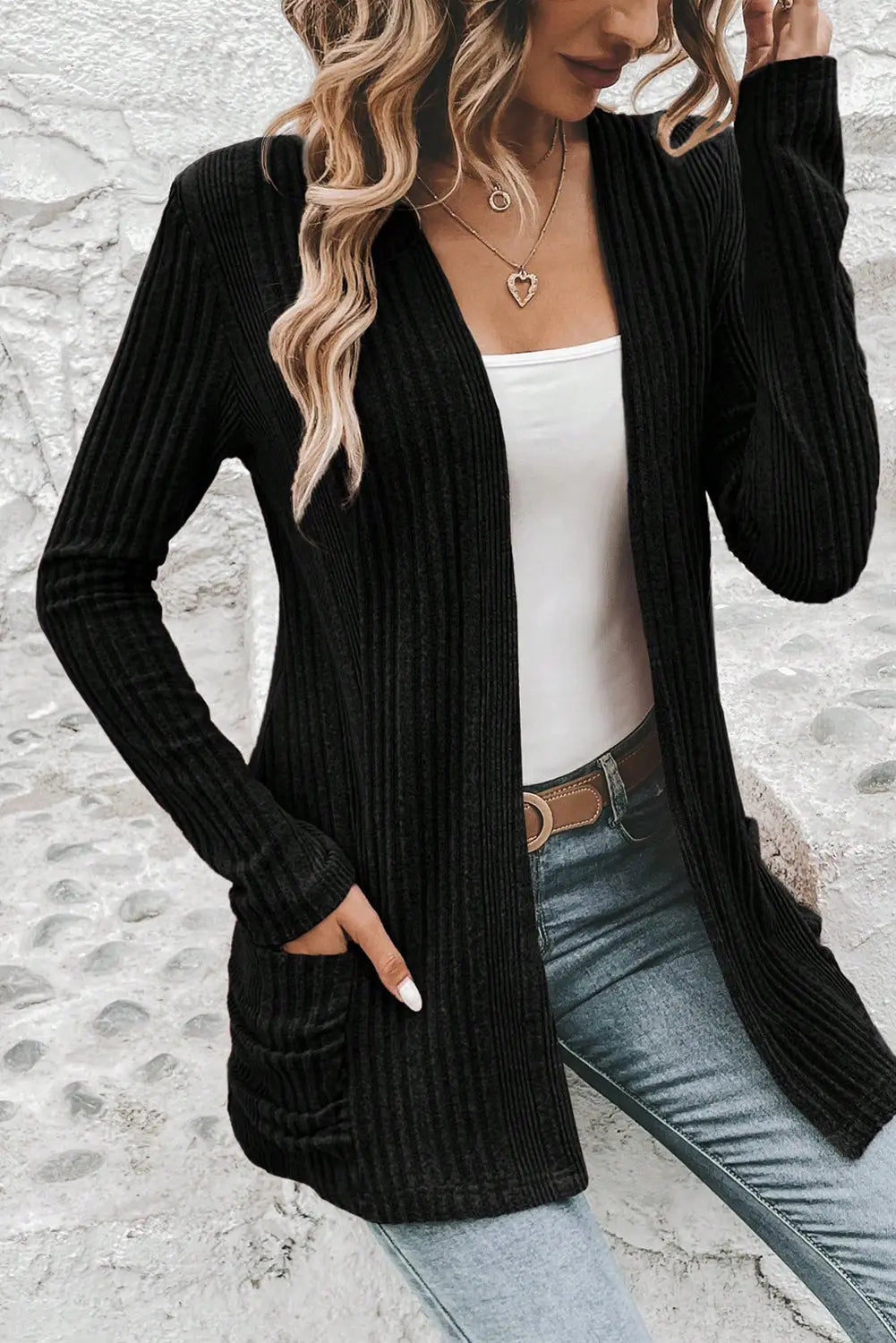 Black Ribbed Open Front Knitted Top with Pockets Dear-Lover Dropshipping