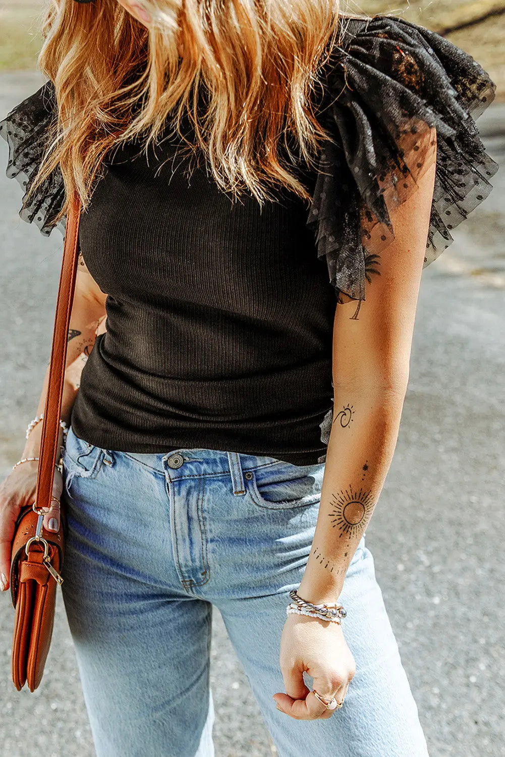 Black Dotty Mesh Ruffle Sleeve Ribbed Knit Top Markonline