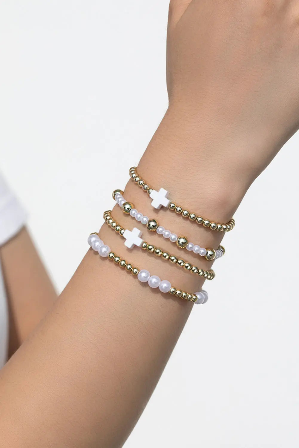 White Cross Pearl Decor Beaded Elastic Multi Layered Bracelet Dear-Lover Dropshipping