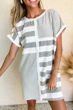 Gray Stripe Mixed Printed Short Sleeve Shift Mini T Shirt Dress Markonline