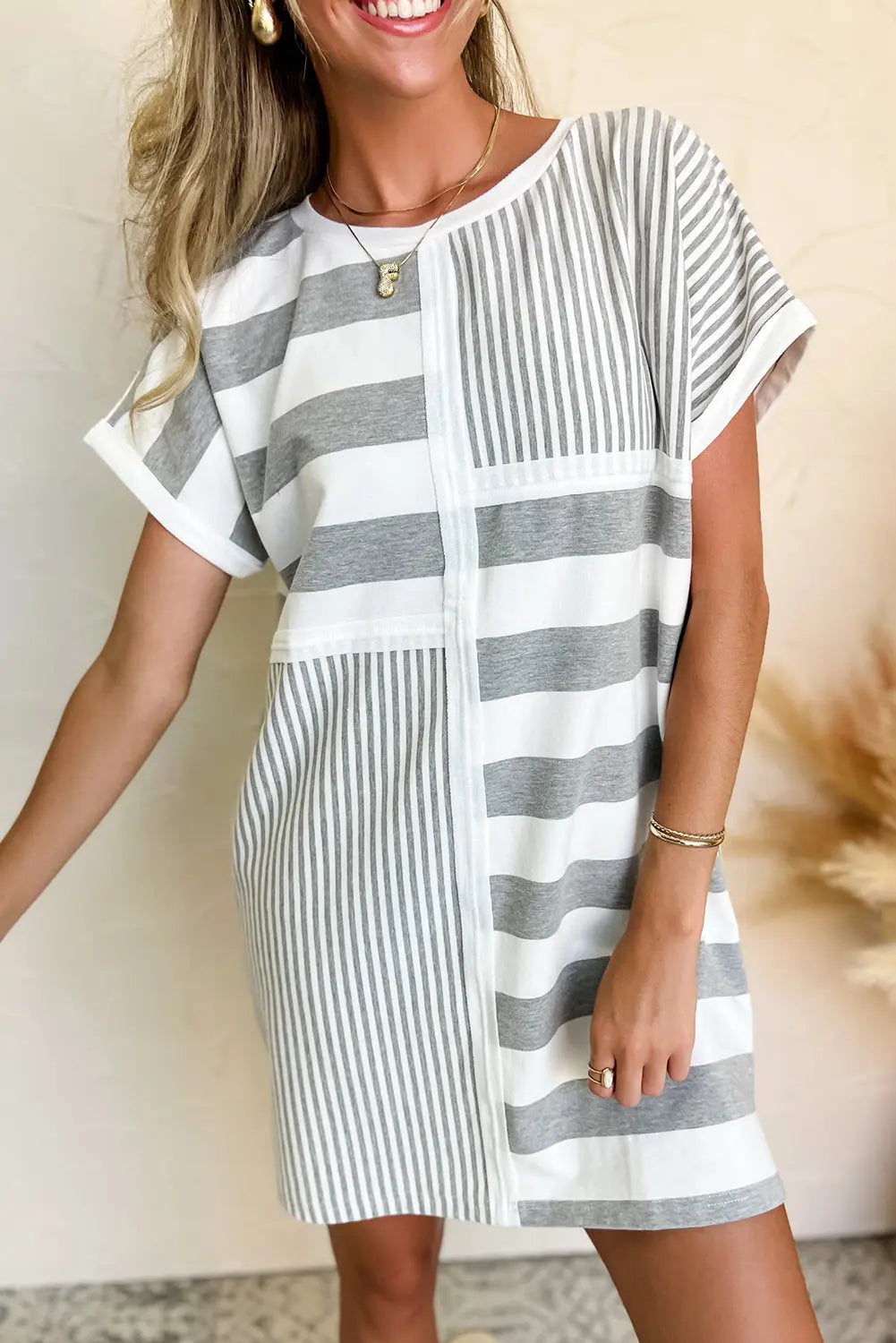 Gray Stripe Mixed Printed Short Sleeve Shift Mini T Shirt Dress Markonline