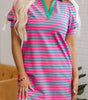 Pink Stripe Collared V Neck Puff Sleeve T Shirt Dress Markonline