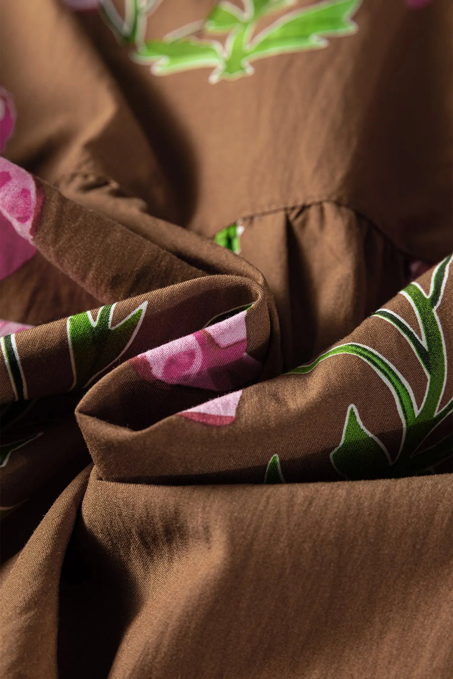 Brown Contrast Floral Print Babydoll Tunic Ruffled Hem Puff Sleeve Dress Markonline