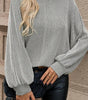 Gray Ribbed Knit Round Neck Long Lantern Sleeve Top Dear-Lover Dropshipping