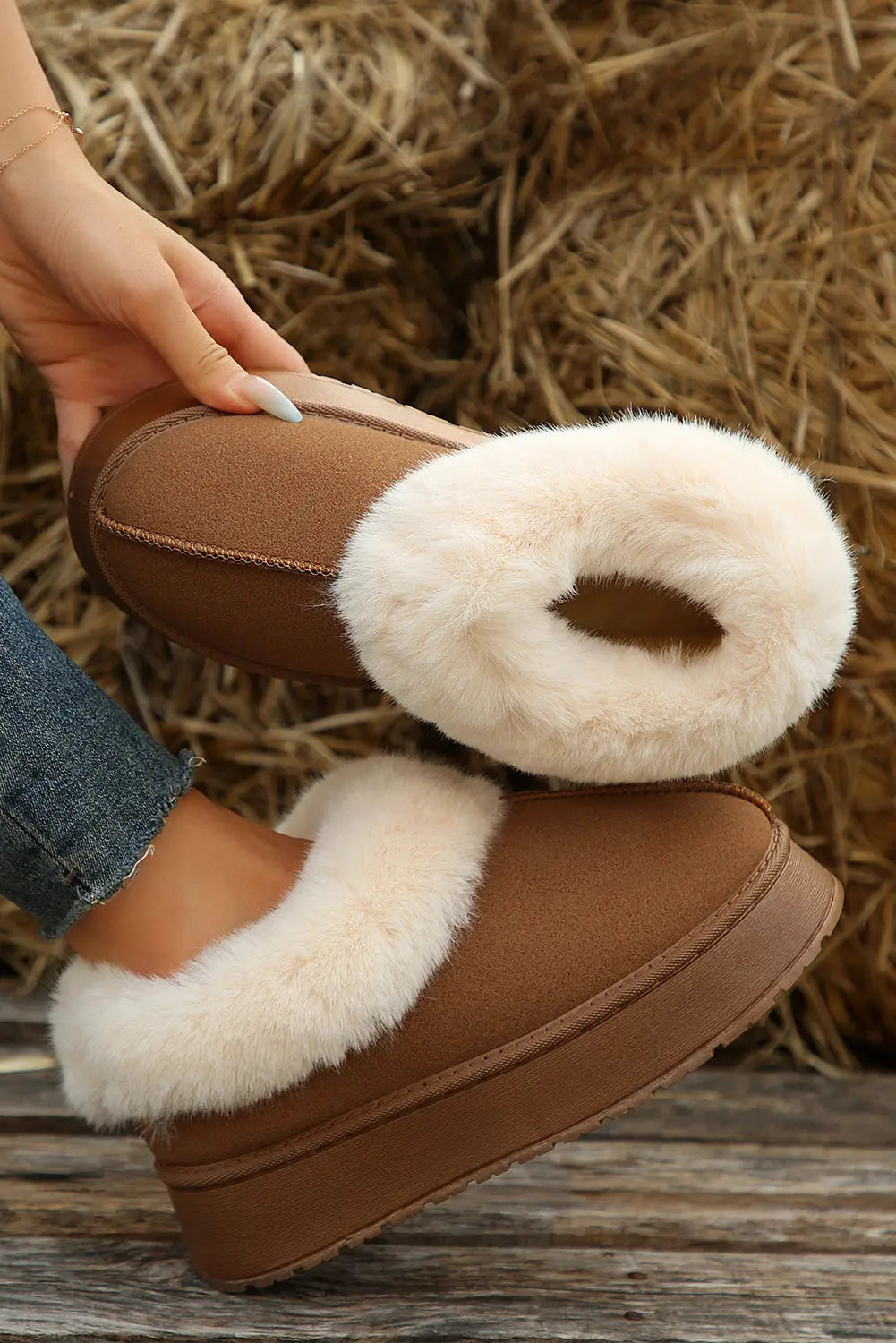 Chestnut Plush Suede Trim Thick Sole Flat Snow Boots Dear-Lover Dropshipping