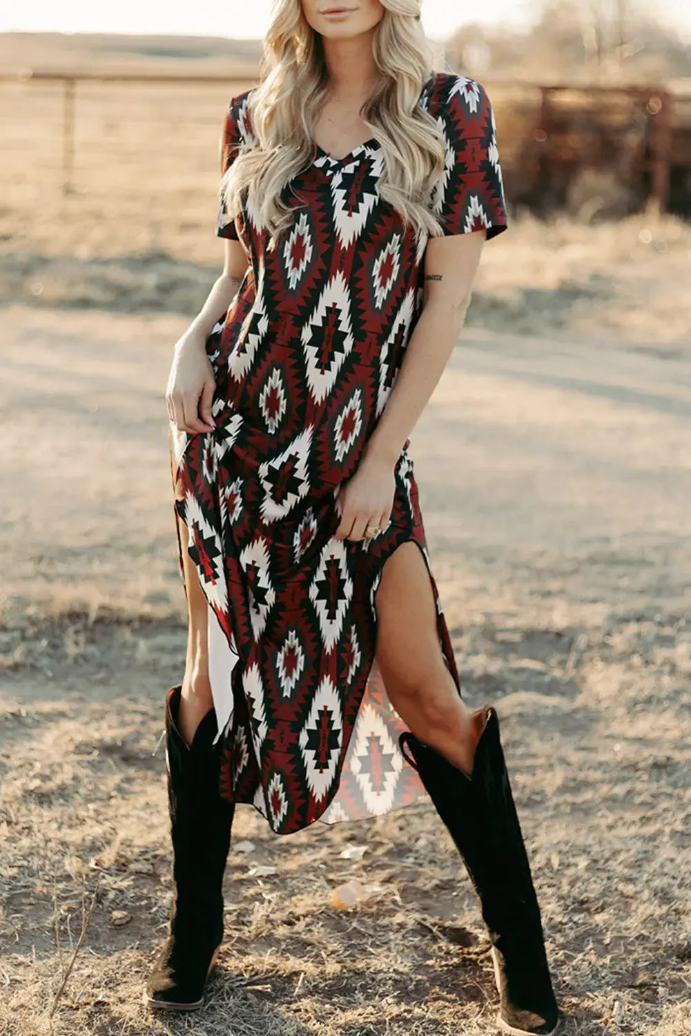 Red Western Aztec Printed Long T-shirt Dress Markonline