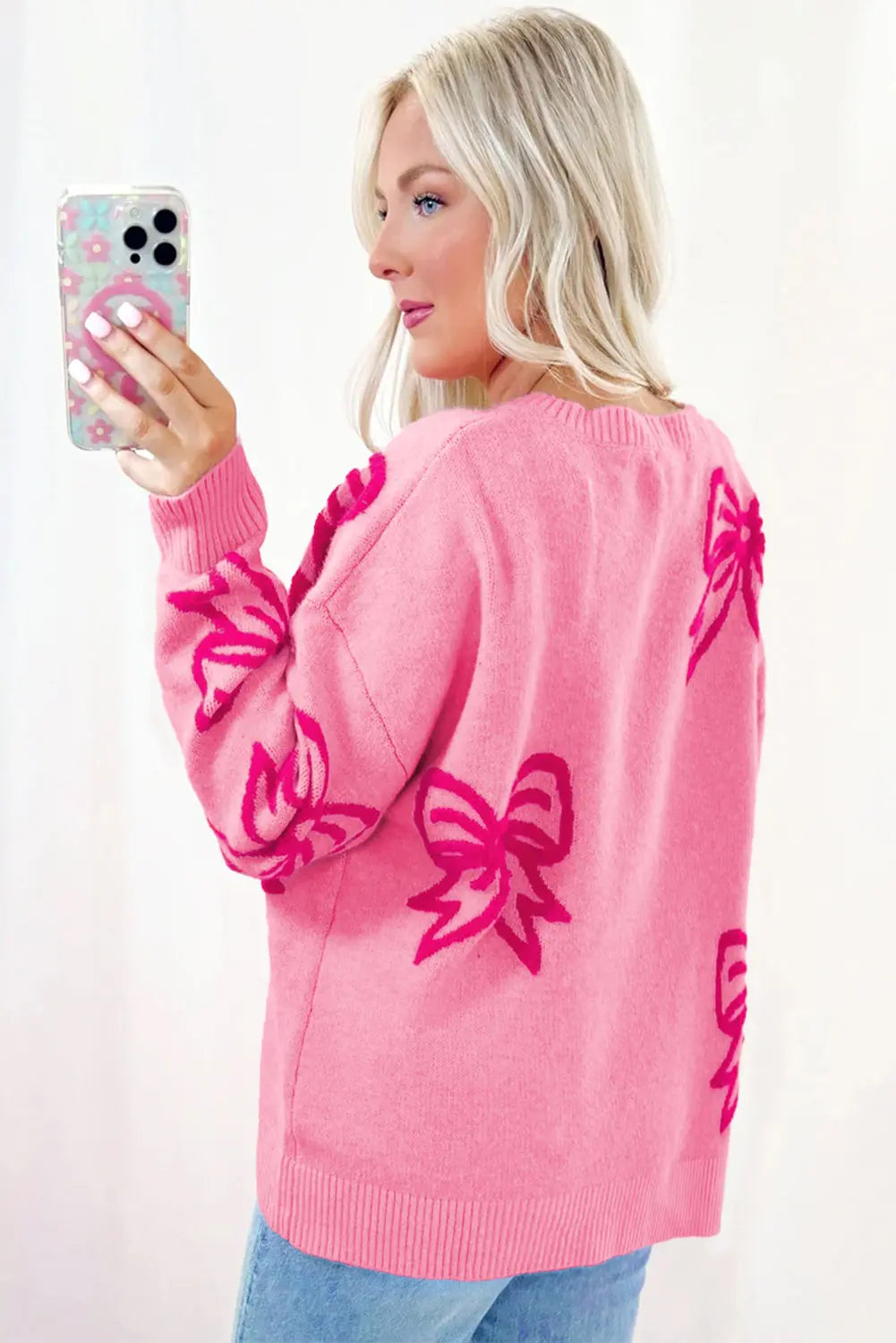 Pink Bow Pattern Drop Shoulder Loose Sweater Dear-Lover Dropshipping